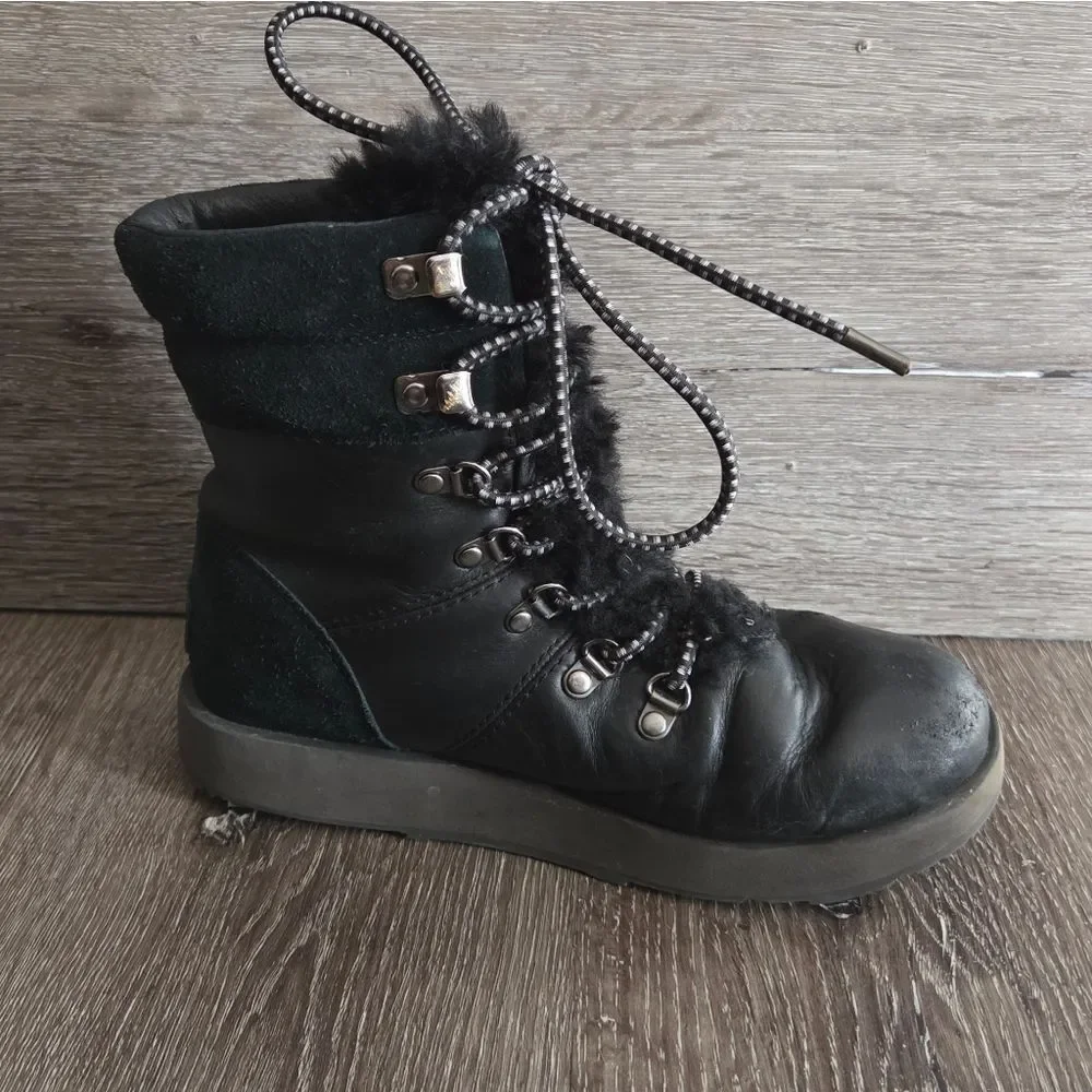 Ugg Viki  Sheepskin Waterproof Boots Women 6 Black Leather Shearling Vibram Sole
